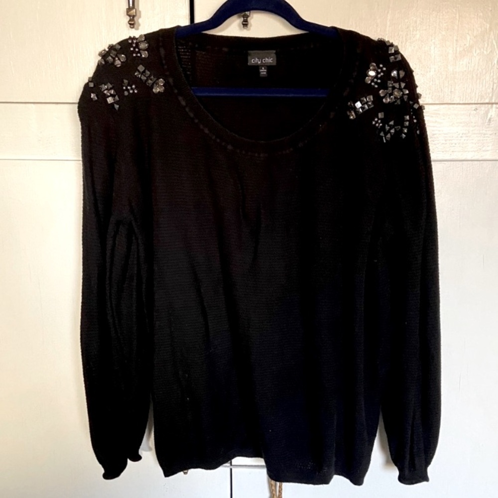 City Chic Jeweled Shoulder Sweater Black
